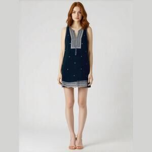 Madewell Navy Blue Split Neck Sleeveless Embroidered Trim Boho Mini Dress 2 XS